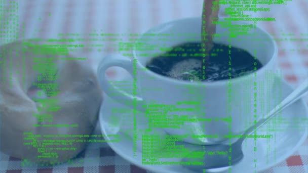 Digitális Animáció Kódok Mozog Képernyőn Miközben Háttér Mutatja Kávét Öntött — Stock videók