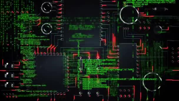 Animación Generada Digitalmente Circuito Con Códigos Programa Moviéndose Pantalla — Vídeo de stock