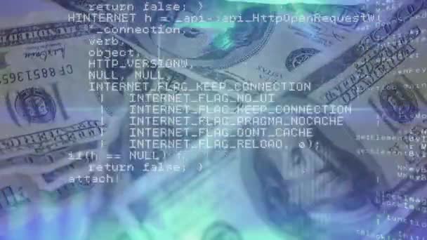 Arka Plan Yüz Dolarlık Banknotları Gösterirken Program Kodları Dijital Olarak — Stok video