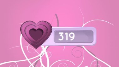 Artan sayılara ve pembe arka plana sahip ve çizgiler yukarı doğru hareket eden bir kalp simgesinin dijital animasyonu