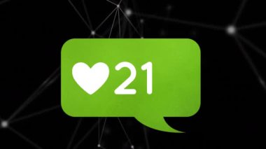 Arka plan siyah bir arka plan karşı beyaz asimetrik çizgiler gösterirken bir kalp ve artan sayılar ile mesaj kabarcık simgesidijital olarak oluşturulan animasyon.