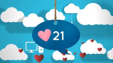 Aygıt simgeleri bulutlardan ve kırmızı kalplerden sarkan bir mesaj balonu simgesinin kalp ve artan sayılarla dijital olarak oluşturulmuş animasyonu ekranda.