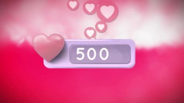 Beyaz bulutlarla pembe bir arka plana karşı yüzen ve sayıları artan kalp simgesinin dijital olarak oluşturulmuş animasyonu.