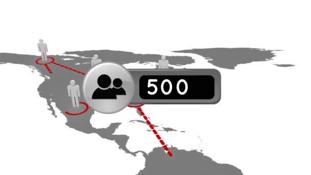 数字と背景が増加するプロファイルアイコンボタンのデジタル生成アニメーションは 赤い線で接続されている灰色の世界地図を示しています — ストック動画