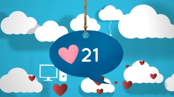 Animation générée numériquement d'une icône de bulle de message avec un cœur et des nombres croissants tandis que les icônes de l'appareil pendent aux nuages et que les cœurs rouges flottent à l'écran .
