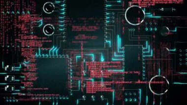 Ön planda hareket eden parlayan çizgiler ve program kodları ile bir anakartın içinin dijital olarak oluşturulan animasyonu.