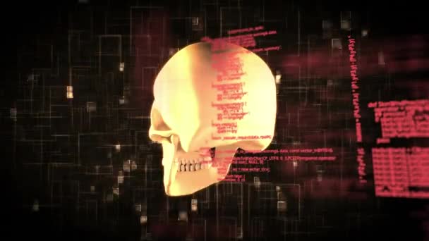 前景が動くプログラムコードと正方形のパターンを持つ背景を示しながら 人間の頭蓋骨が回転するデジタル生成アニメーション — ストック動画