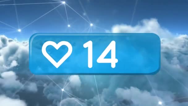 Digitally Generated Animation Heart Icon Button Increasing Numbers Background Sky — Stock Video