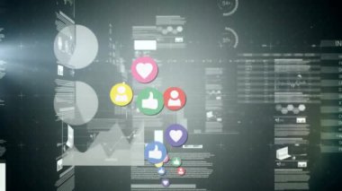 Arka plan farklı grafikler ve sosyal medya zaman çizelgesi gösterirken ekranda hareket eden sosyal medya simgelerinin dijital animasyonu