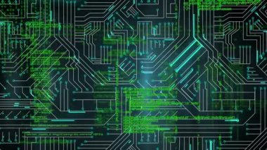 Parlayan dijital devre bir arka plan ile ekranda hareket eden program kodları dijital olarak oluşturulan animasyon
