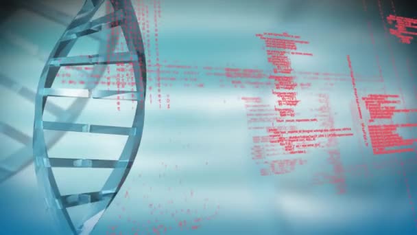 Animation générée numériquement de l'ADN à double hélice tournant tandis que les codes de programme se déplacent dans l'écran 