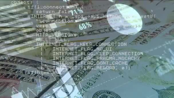 지폐의 배경으로 화면에서 움직이는 그래프와 프로그램 코드의 디지털 애니메이션 — 비디오