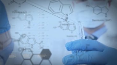 Kimyasal yapı ön planda hareket ederken bir test tüpüne sıvı koymak için pipet kullanan kafkas bilim adamının dijital bileşimi