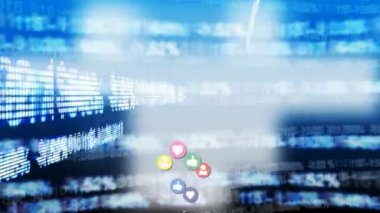 Ekonomik değerler arka planda hareket ederken sosyal medya simgelerinin dijital animasyonyukarı doğru hareket