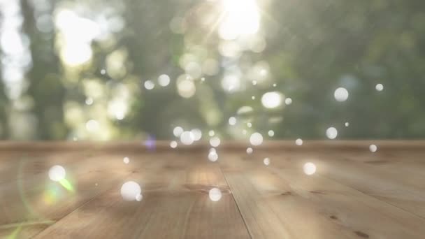 Animación Digital Luces Bokeh Moviéndose Pantalla Con Fondo Tablón Madera — Vídeo de stock