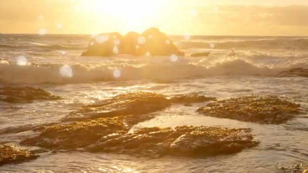 Digital Animation Bokeh Lights Moving Background Waves Ocean Sunset — Stock Video