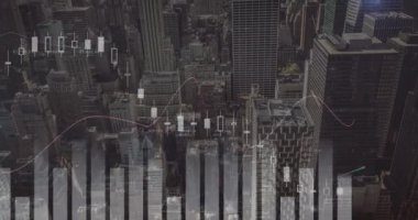 4k binalar ile şehir manzarası ekran ve arka planda hareket grafiklerin dijital animasyon