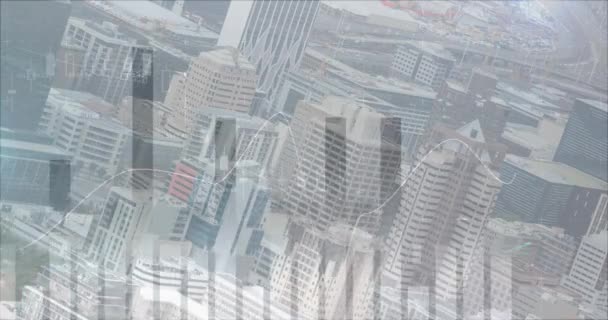 建物4Kと都市の画面と背景に移動するグラフのデジタルアニメーション — ストック動画