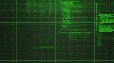 Kare desenli ekranda hareket eden yeşil program kodlarının dijital animasyonu