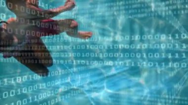 İkili kodlar ekranda hareket ederken suya atlayan beyaz bir çiftin dijital bileşimi