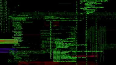 Renkli yanıp sönen çubuklarla ekranda hareket eden program kodlarının dijital olarak oluşturulmuş animasyonu