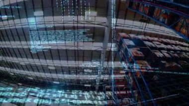 Ekranda hareket eden program kodlarının dijital animasyonu ve deponun içindeki arka plan