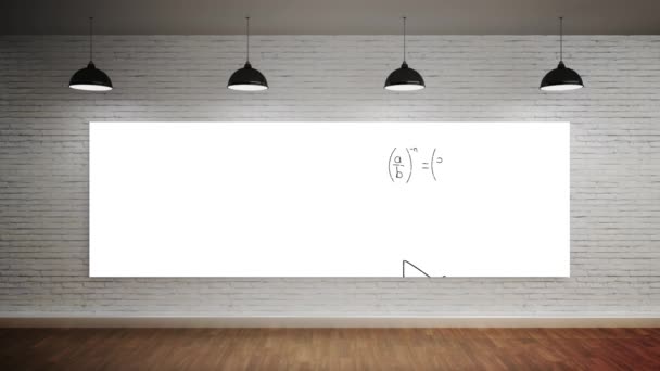レンガの壁と吊り下げライトを備えた部屋の中で白い画面で移動する数学方程式のデジタル生成アニメーション — ストック動画