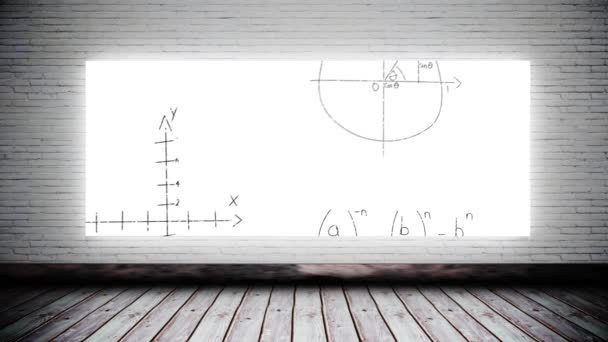 レンガの壁と木製の床に対して液晶画面上を移動する数学方程式のデジタルアニメーション — ストック動画