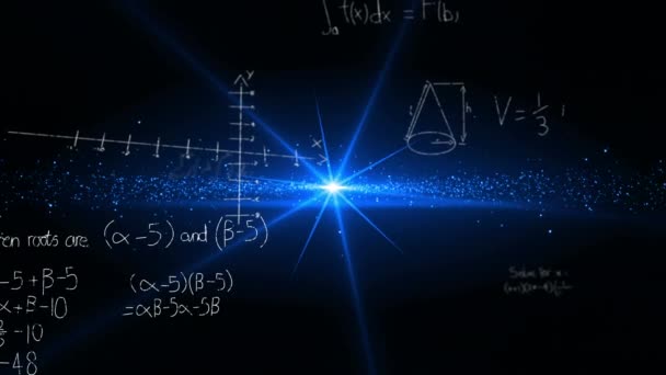 Animation numérique d'équations mathématiques se déplaçant dans l'écran avec un fond sombre avec une lumière bleue brillante au milieu 