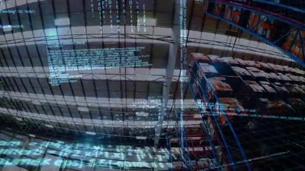 Animation numérique de codes de programme se déplaçant dans l'écran et un arrière-plan de l'intérieur d'un entrepôt 