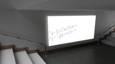 İki merdivenin ortasında bulunan lcd ekranda hareket eden matematiksel denklemlerin dijital animasyonu