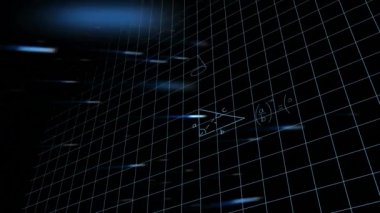 Beyaz parlayan ışıklar sağa doğru hareket ederken matematiksel denklemlerin dijital animasyonu ekranda hareket ediyor