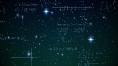 Matematiksel denklemlerin dijital olarak oluşturulmuş animasyonu ve yıldızların olduğu galaksinin arka planı