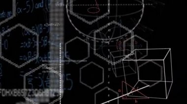 Siyah bir arka plan aleyhine ekranda hareket eden matematiksel denklemler ve figürlerin dijital animasyonu