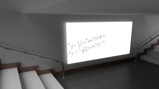 在位于两个楼梯中心的 Lcd 屏幕中移动的数学方程的数字动画 — 图库视频影像