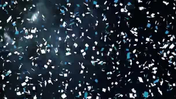 Digitale Animatie Van Witte Blauwe Confetti Vallen Tegen Een Zwarte — Stockvideo