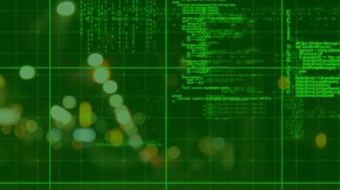 Arka plan bulanık bir sokak bokeh gösterirken kare desenleri ile ekranda hareket program kodları dijital animasyon