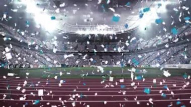 Bir futbol stadyumu içinde beyaz ve mavi konfeti dijital animasyon