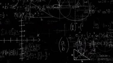 Siyah bir arka plan aleyhine ekranda hareket matematiksel denklemlerin dijital animasyon