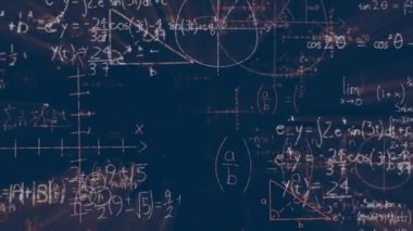 Koyu mavi arka plan aleyhine hareket eden matematiksel denklemlerin dijital animasyonu