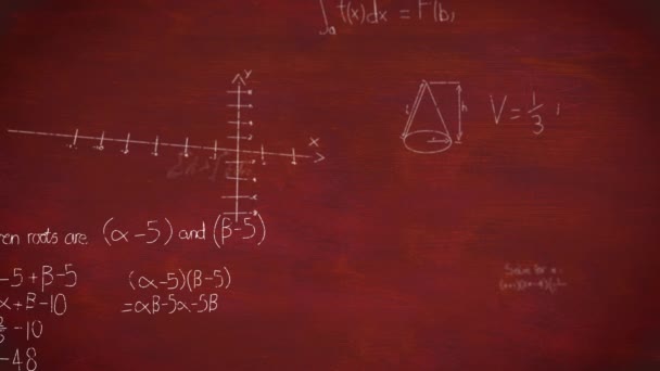 在红色背景下在屏幕上移动的数学方程的数字动画 — 图库视频影像