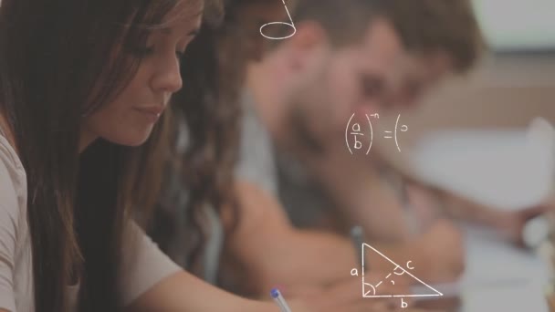 Digital Composite Diverse Students Studying While Mathematical Equations Move Screen — Stock Video