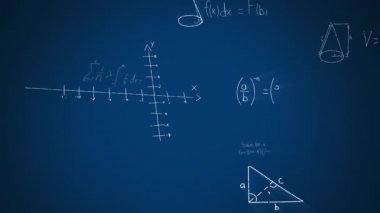 Mavi arka plan aleyhine ekranda hareket eden matematiksel denklemlerin dijital animasyonu