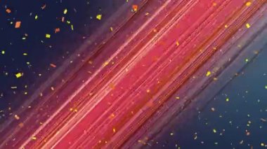 Ekranda hareket eden renkli diyagonal çizgilerin ve konfetilerin dijital olarak oluşturulmuş animasyonu