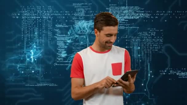 Digital Composite Caucasian Man Using Digital Tablet While Background Shows — Stock Video