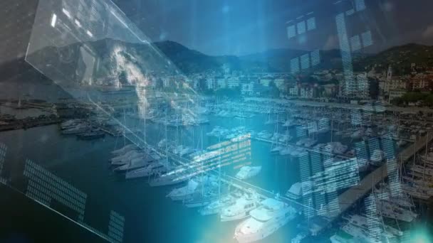 Animation numérique d'une interface futuriste avec un globe et des graphiques tandis que l'arrière-plan montre un port avec des yachts 