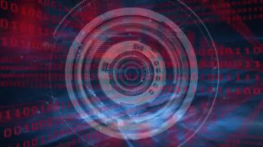 Fütüristik bir dairenin ve ekranda parlayan ışıklardan oluşan bir arka planla hareket eden ikili kodların dijital animasyonu
