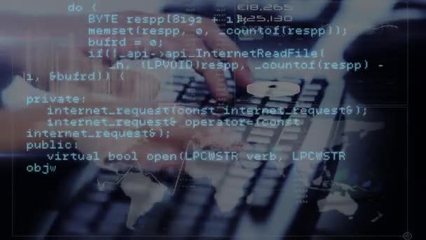 在后台键入世界地图和在前台使用程序代码进行键入的男子的数字合成 — 图库视频影像