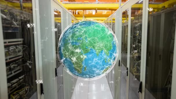 Digital Animation Globe Glowing White Lines Rotating Hallway Server Towers — Stock Video