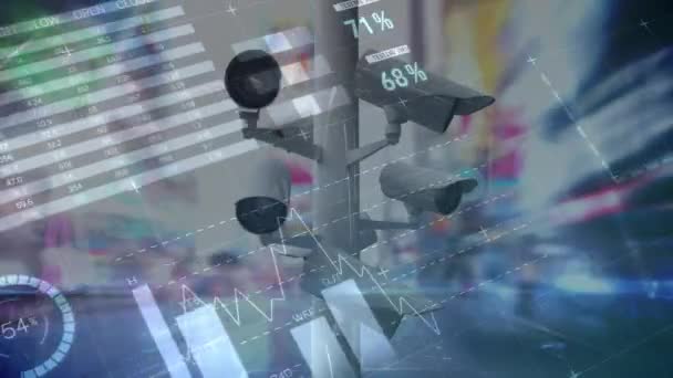 Digitale Animation Von Überwachungskameras Die Sich Mit Unterschiedlichen Diagrammen Vordergrund — Stockvideo